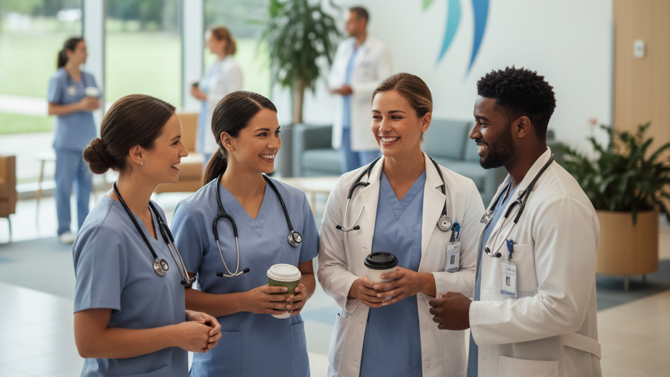 Group of diverse healthcare professionals smiling and talking in a hospital lobby.
